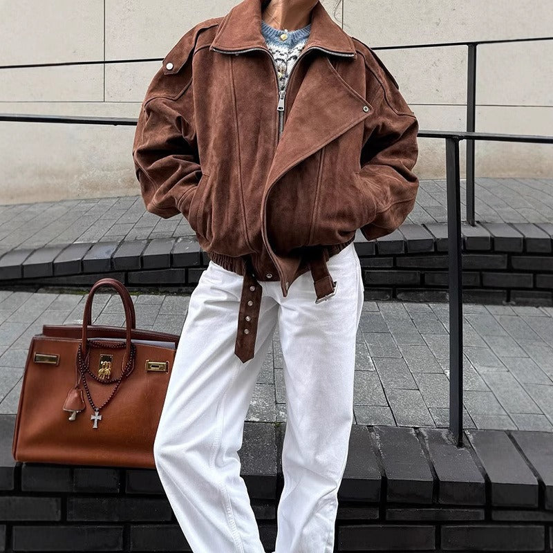 Damen Bomberjacke Oversized Wildleder-Look Asymmetrischer