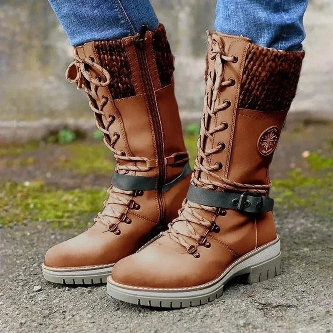 Damen Kniehohe Stiefel Wollbund Schnürfront