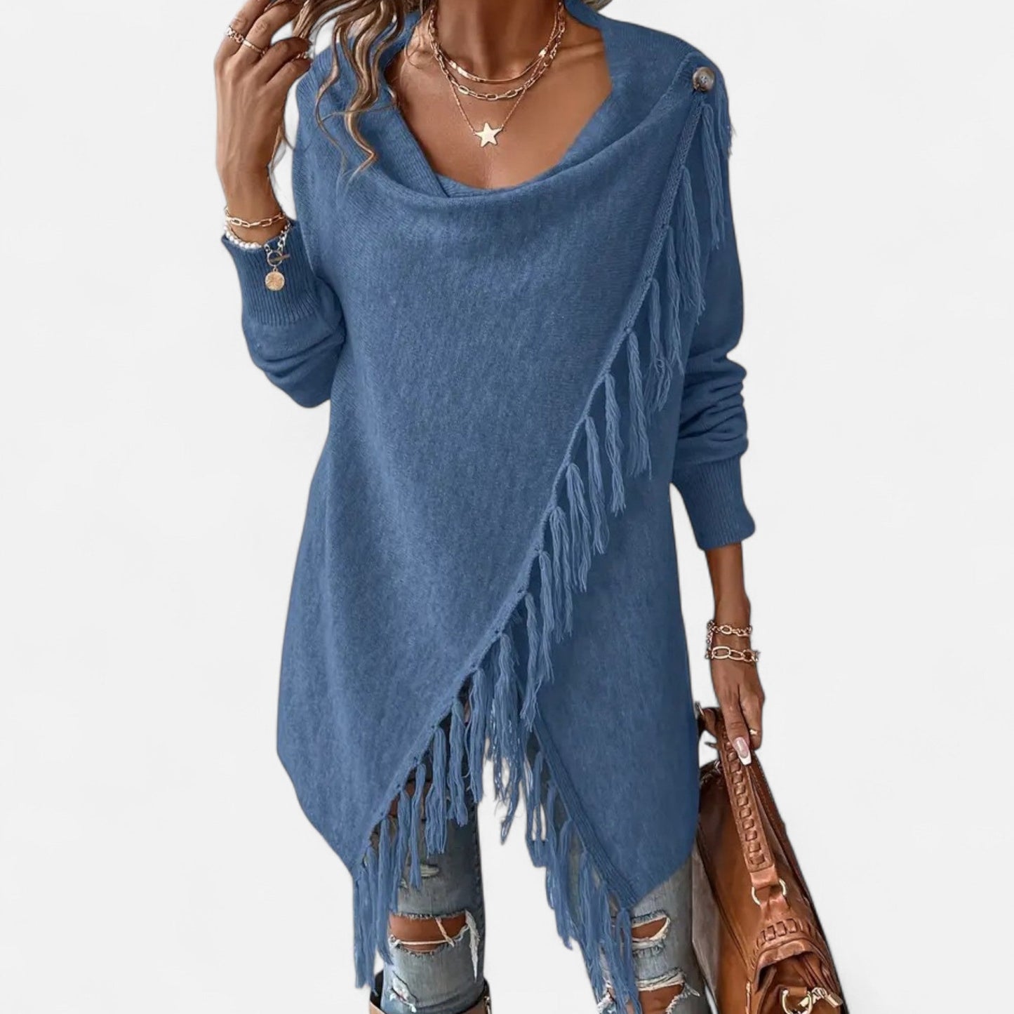 Damen Fransen-Pullover V-Ausschnitt mit Tasseln