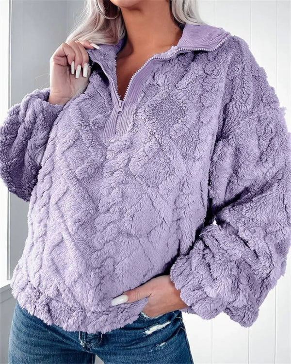 Damen Oversized Pullover Fleece Halb Reißverschluss Stehkragen