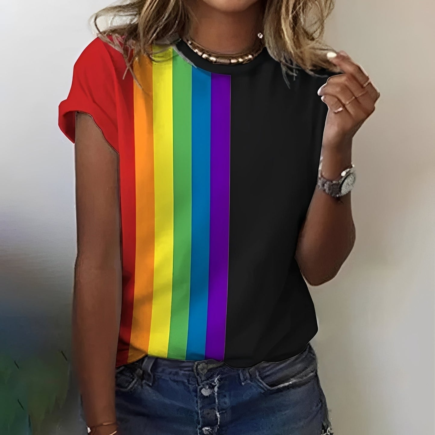 Damen Regenbogen T-Shirt Lässig Bunt