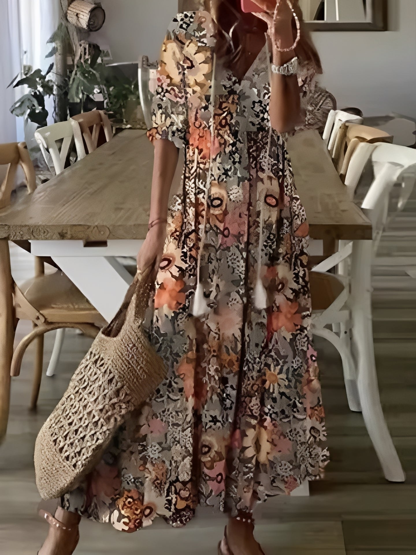 Damen Maxikleid Halblange Ärmel Boho Stil