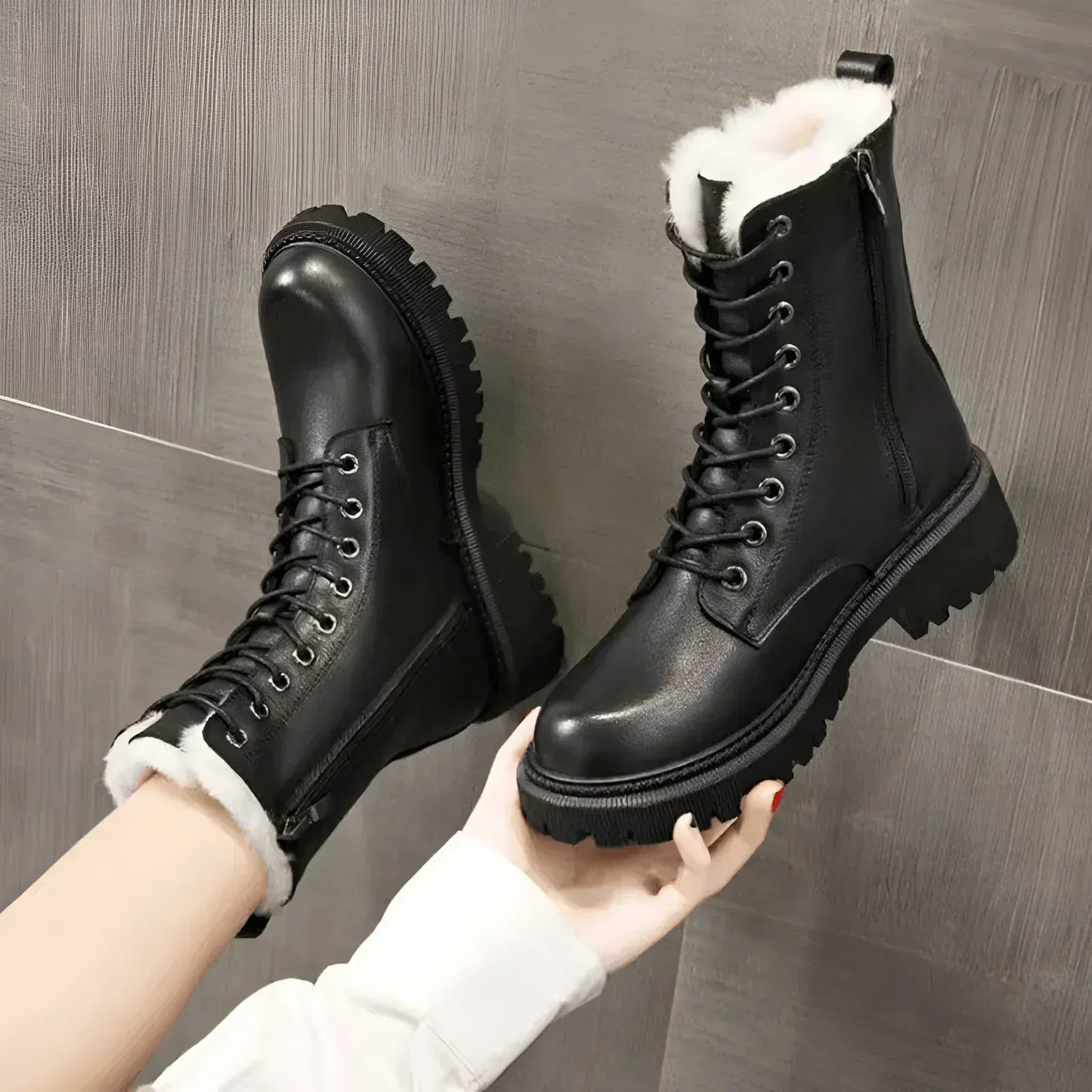 Damen Stiefeletten Glattes Leder Schnürung Seitenreißverschluss Robust - Norvielle