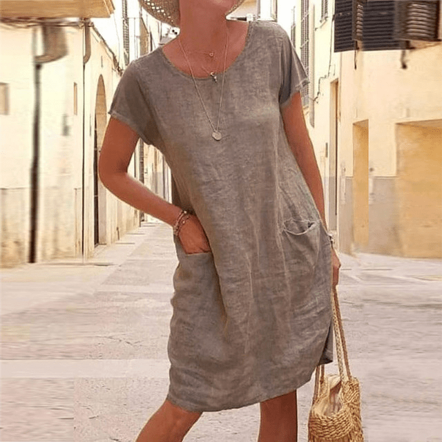 Damen Sommerkleid Rundhalsausschnitt Taschen Leicht Beige