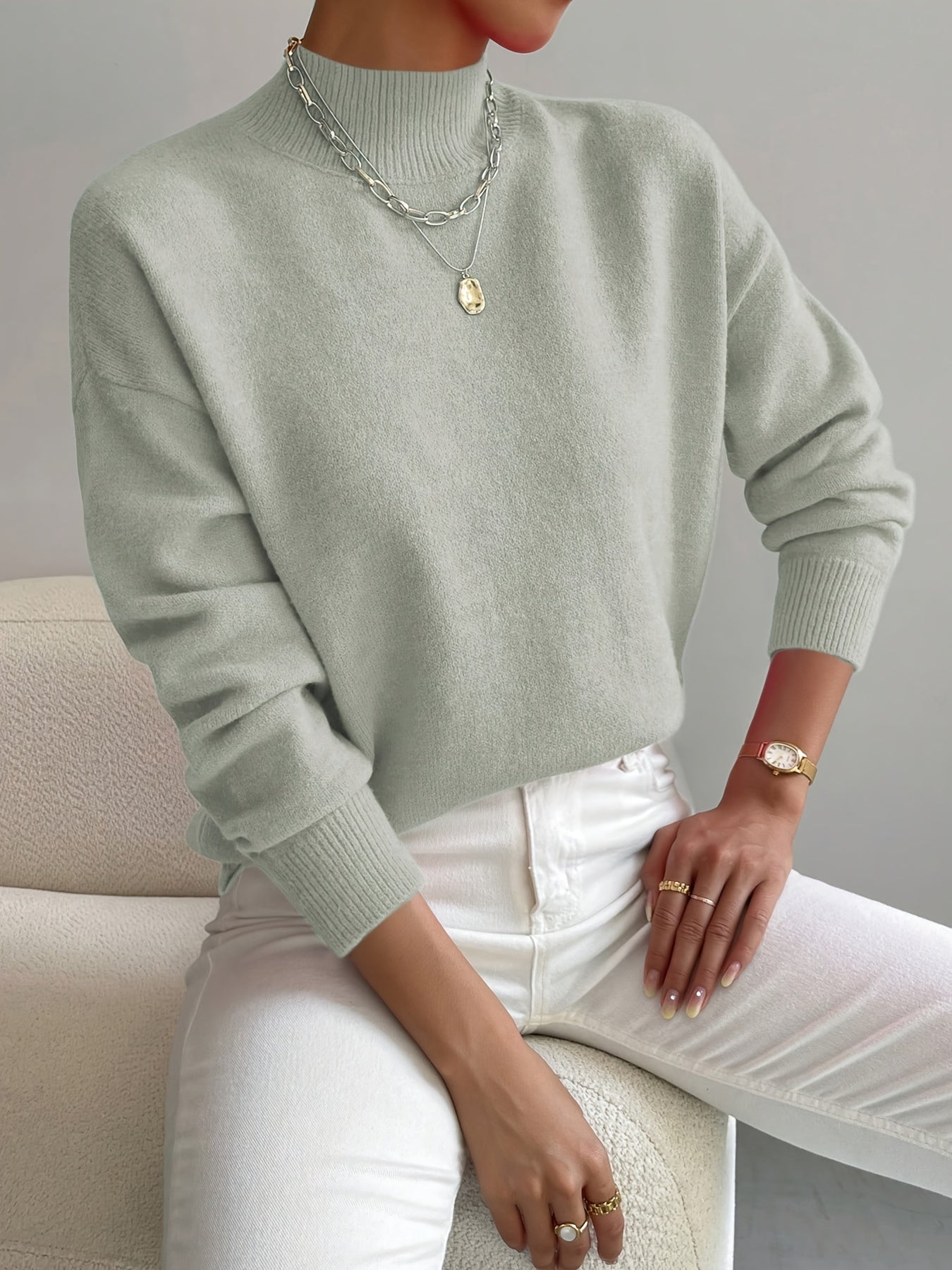 Damen Feinstrickpullover Stehkragen Weich Beige