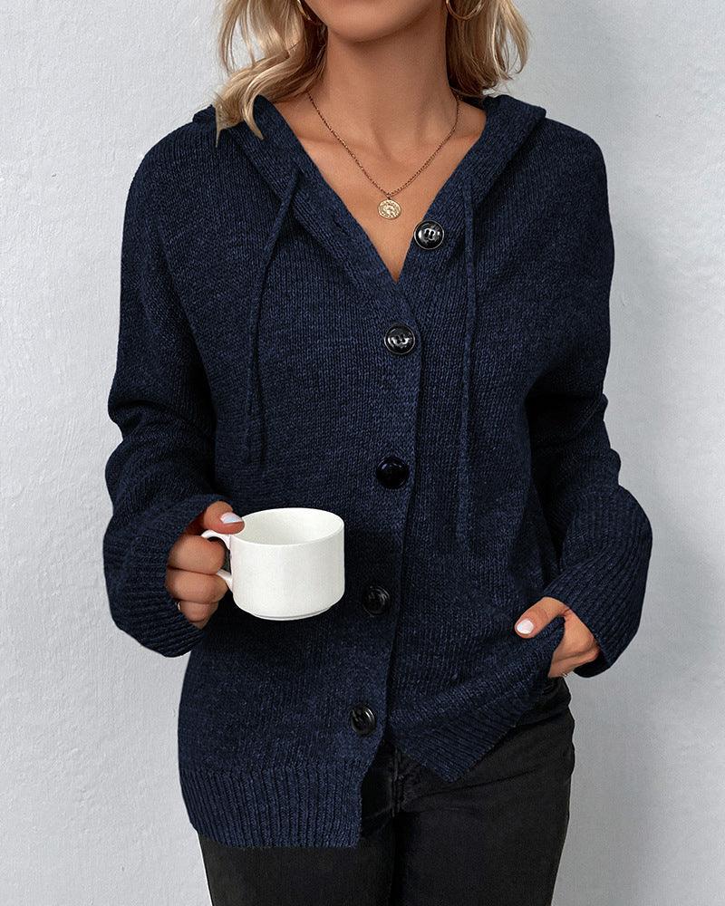 Norvielle Damen Strickjacke mit Kapuze und Knöpfen