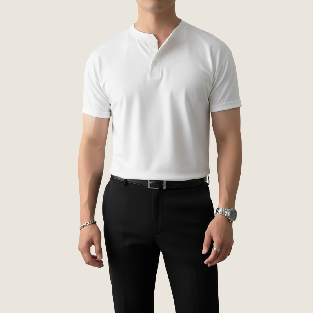 Herren Kurzarmshirt Minimalistisches Henley-Shirt Baumwolle Weiß