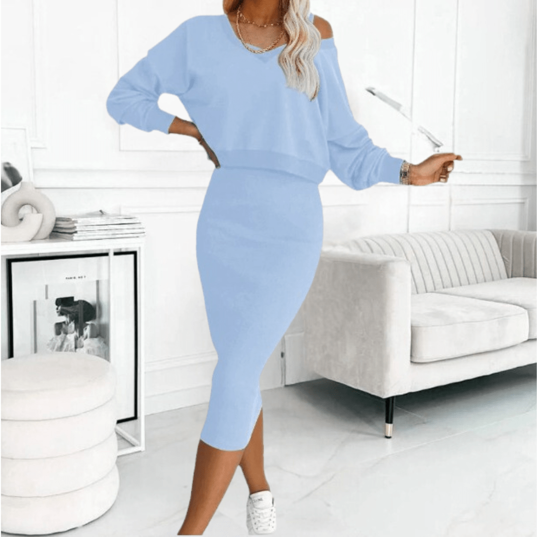 Damen Freizeit-Set Strickpullover Midikleid