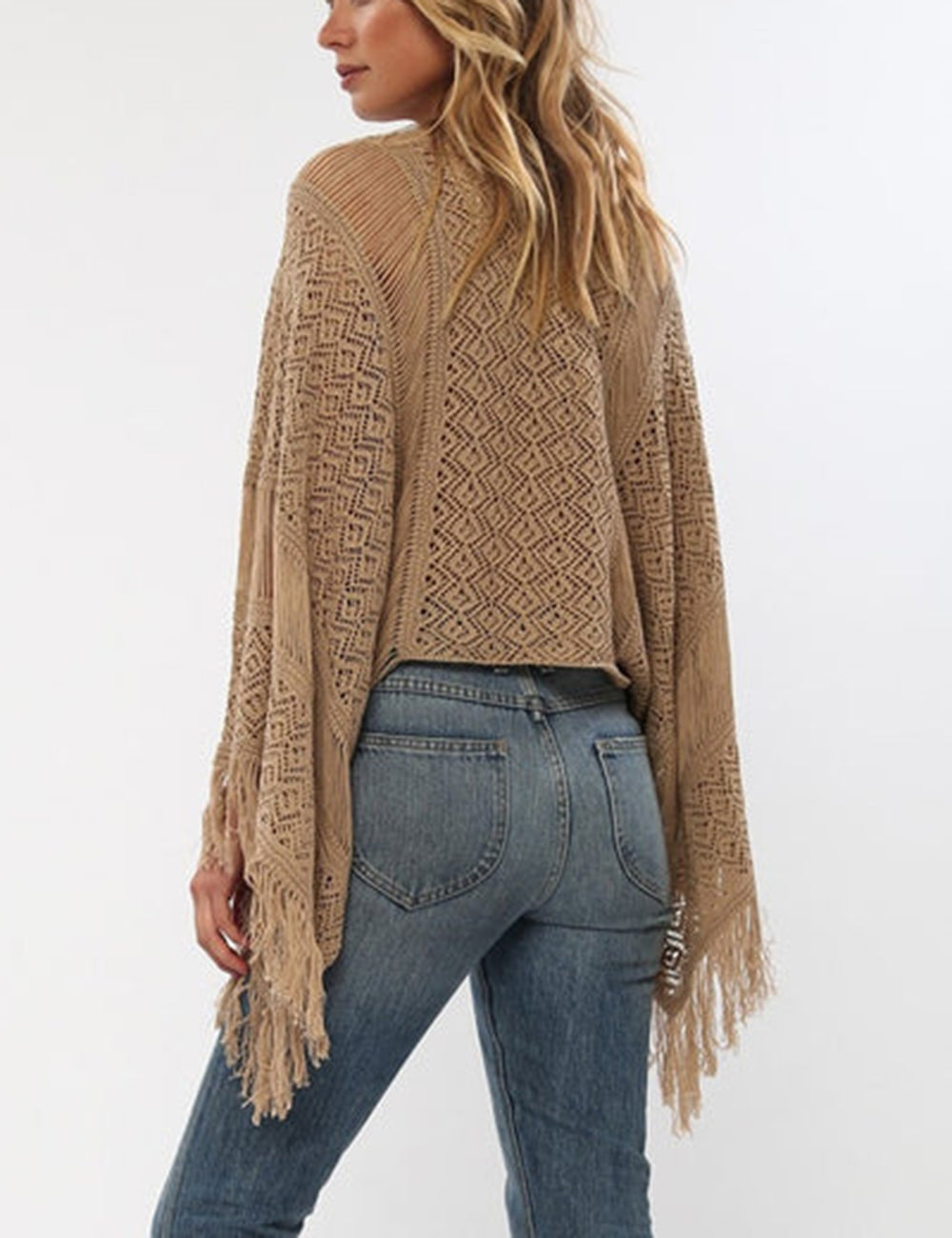 Damen Crochet-Sweater Fransen-Design Überzug Beige