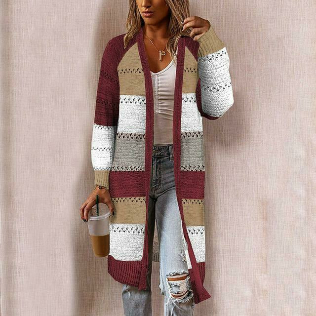 Damen Langcardigan Offene Front Bunt Streifenmuster