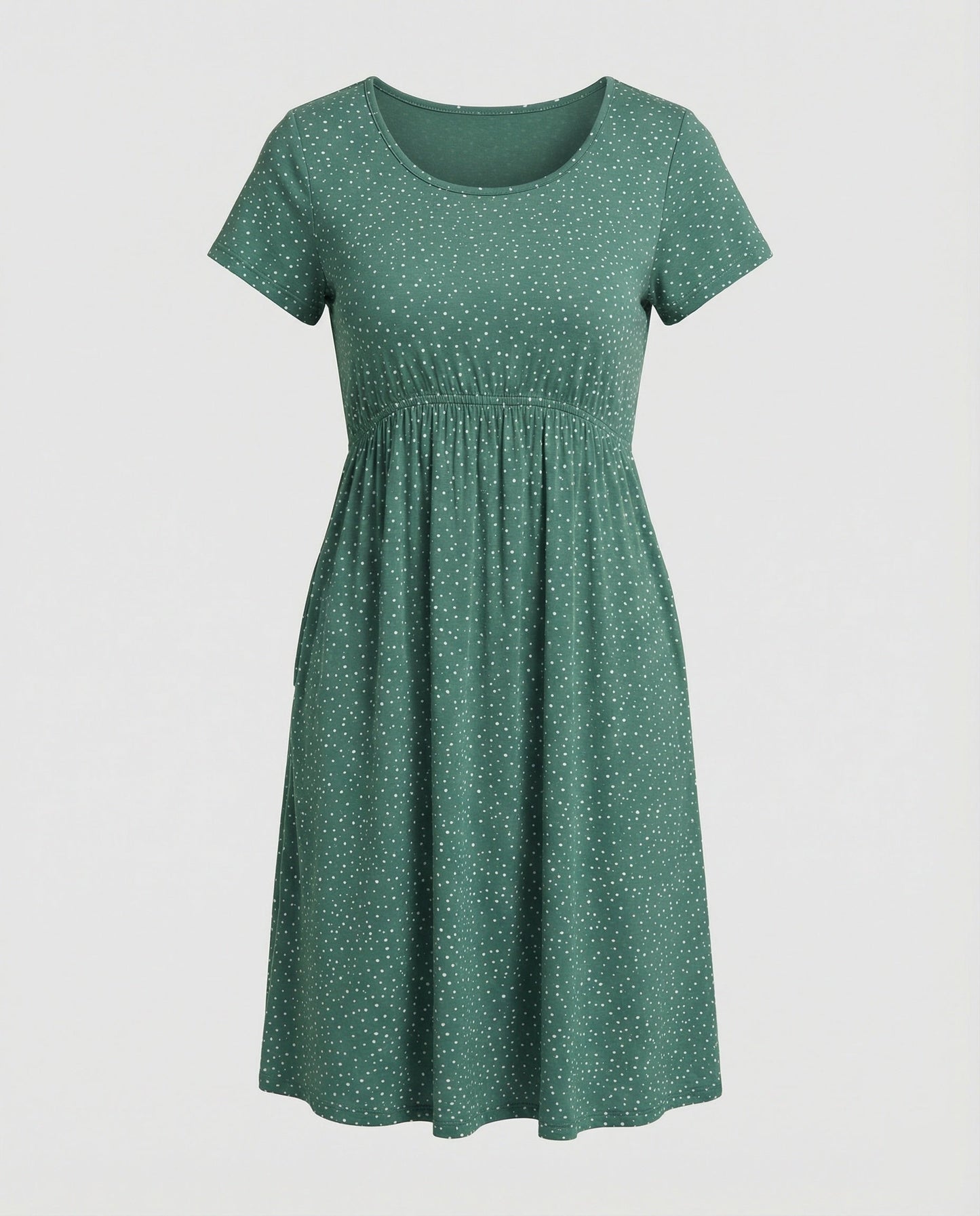 Damen Midikleid Grünes Punktmuster Kurzärmlig