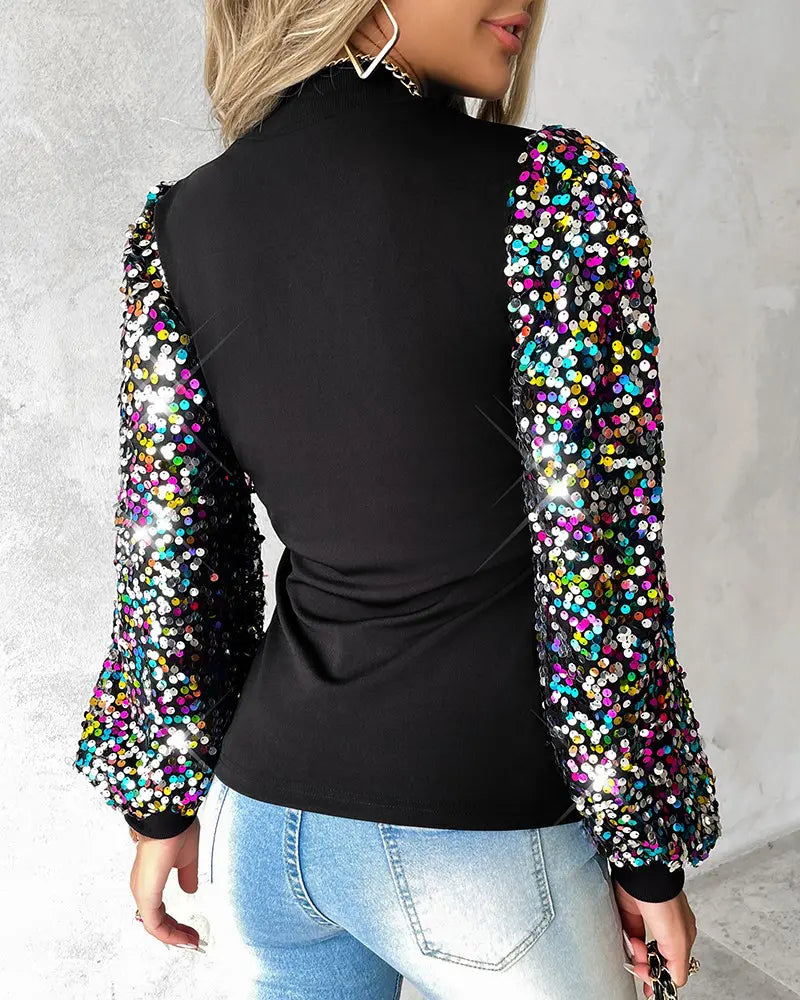 Damen Bluse Rundhals Pailletten Ballonärmel