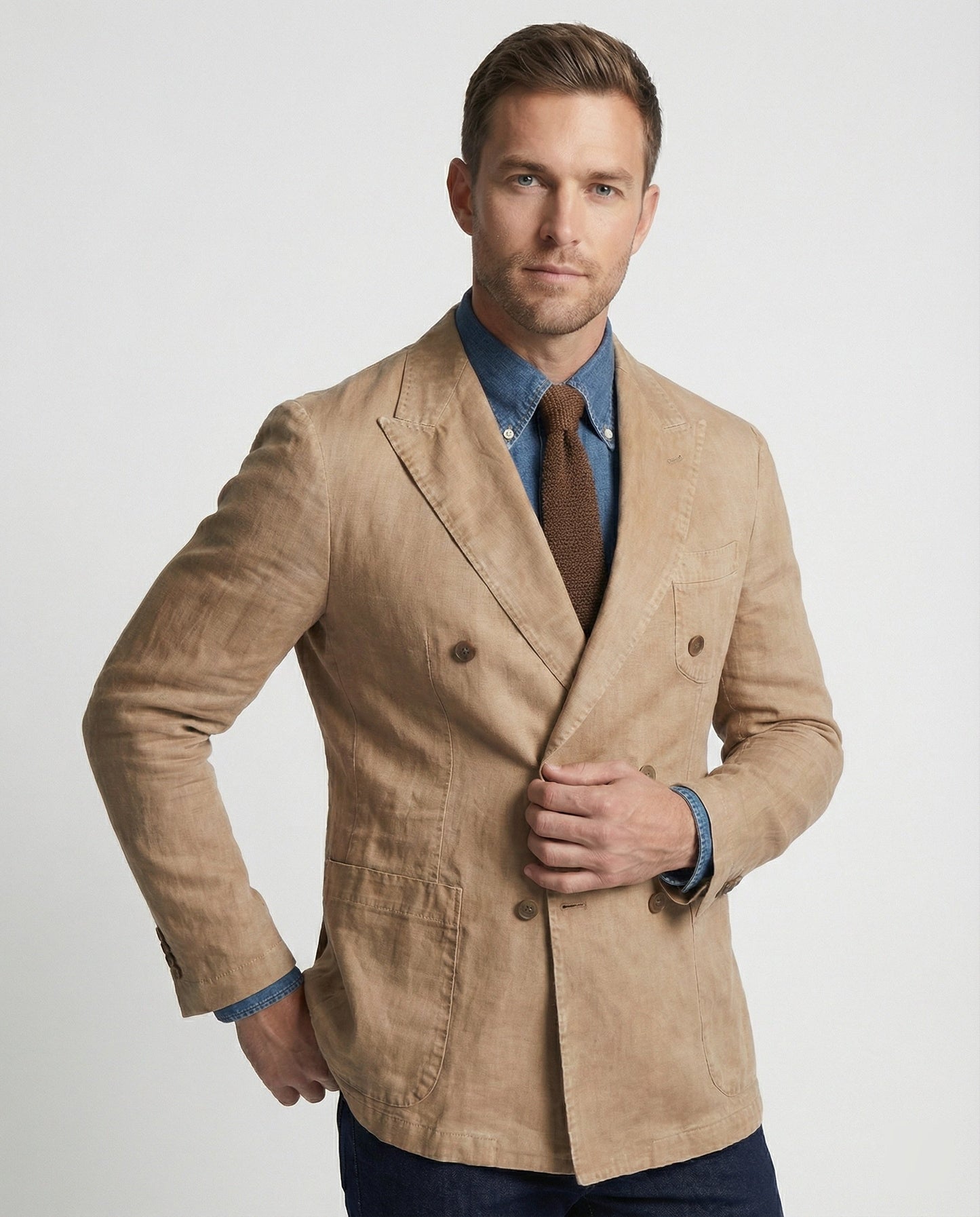 Herren Leinenblazer Doppelreiher Beige