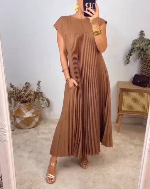 Ärmelloses Damen Midikleid Beige Plisee A-Linie mit Taschen