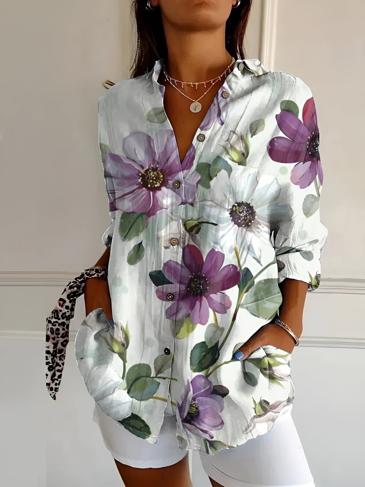 Damen Sommerhemd Tropen-Print Luftiges Langarm-Shirt