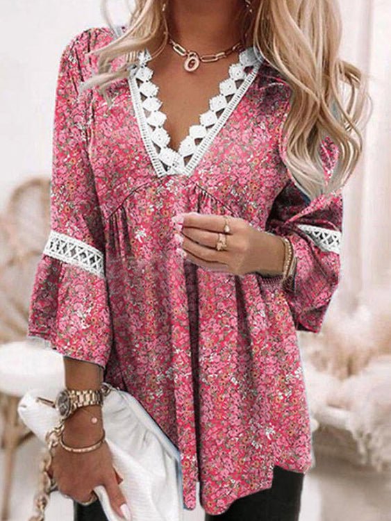 Damen Bluse Spitze V-Ausschnitt 3/4 Ärmel Gedruckt