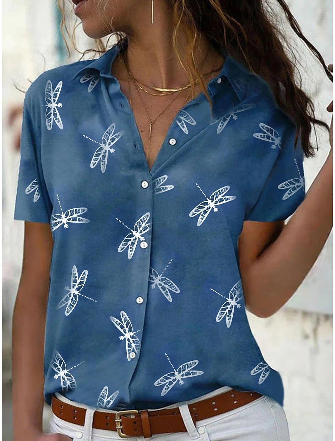 Damen Sommerbluse Leichtes Libellen-Print Hemd mit Knopfleiste Weiß