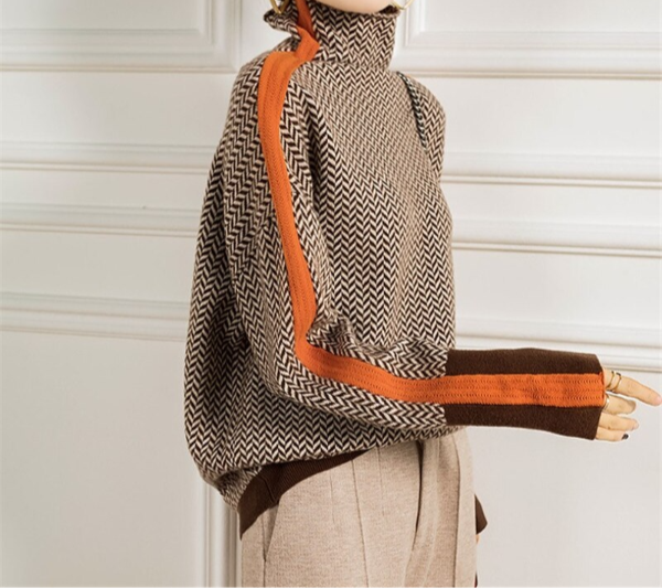 Damen Rollkragenpullover Fischgrät Muster Weich Grau
