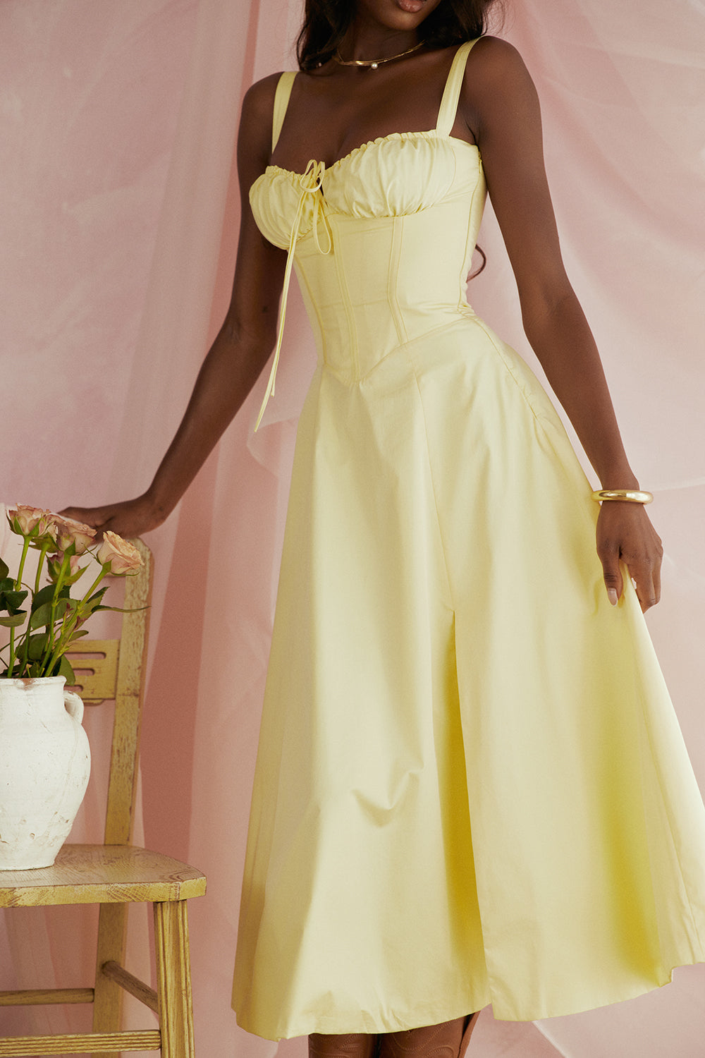 Damen Midikleid Taillenformend Zitronengelb