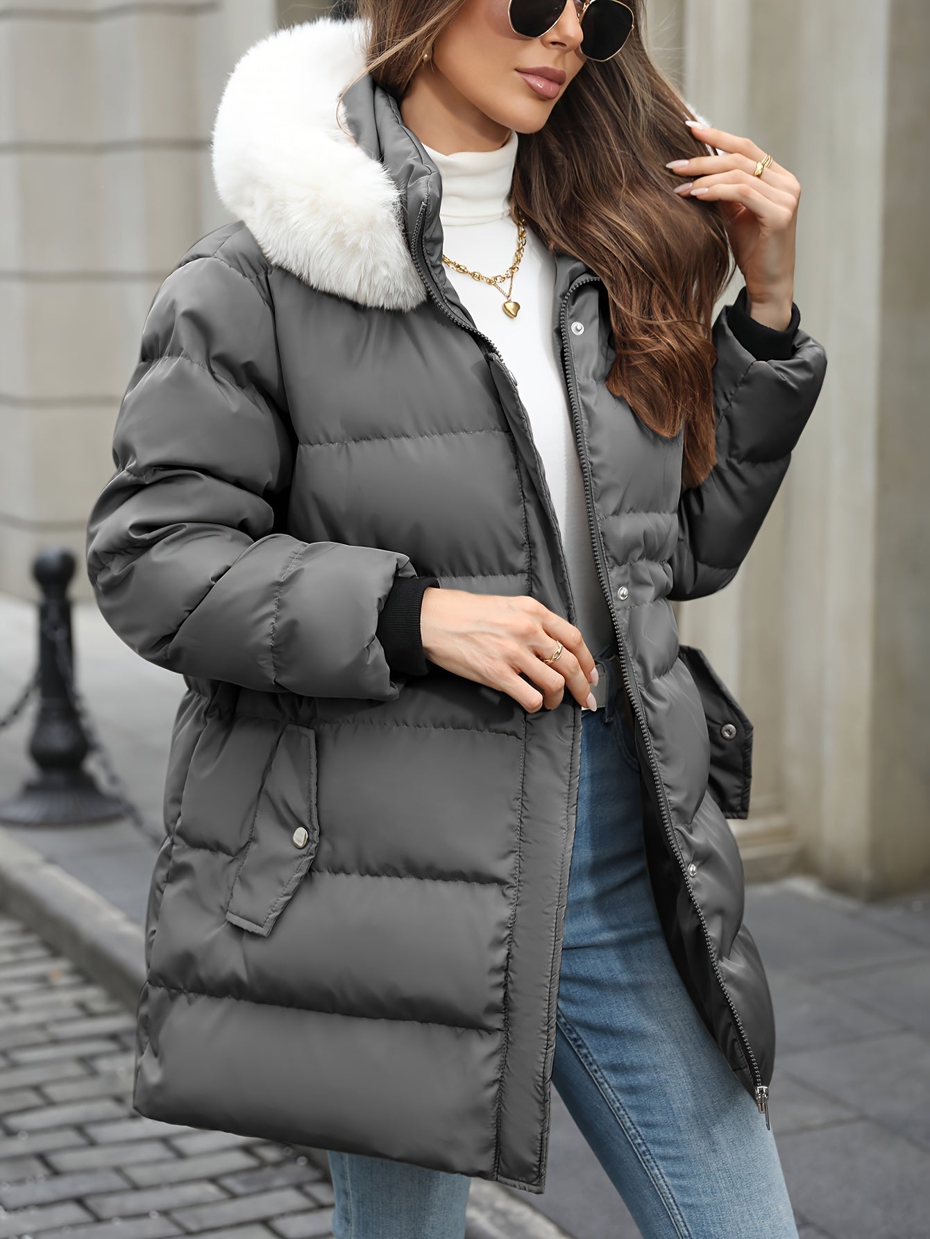 Damen Daunenjacke Mit Kapuze Fellbesatz