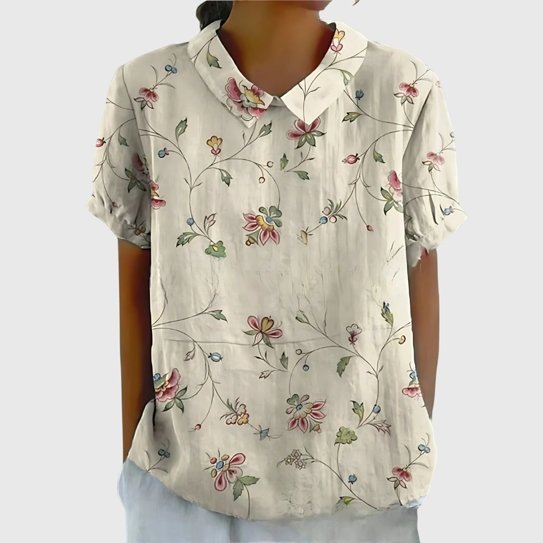 Damen Blume Bluse Kurzarm mit Kragen