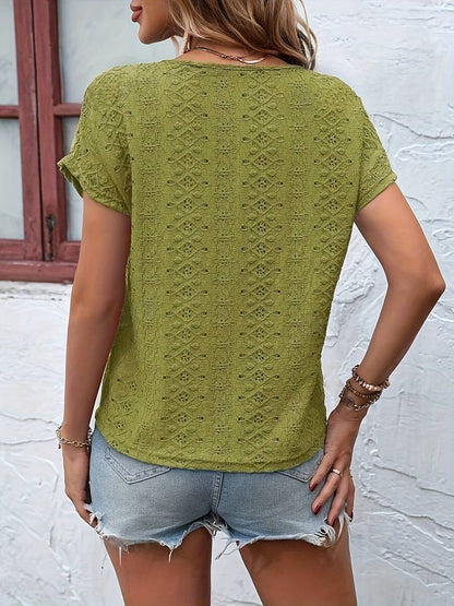 Norvielle Damen T-Shirt Eingekerbter Ausschnitt Lochstickerei