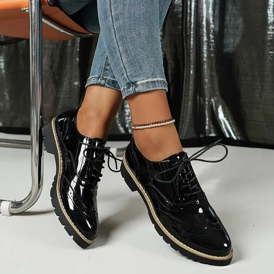 Damen Oxford-Schuhe Leder Klobige Sohle Schwarz - Norvielle