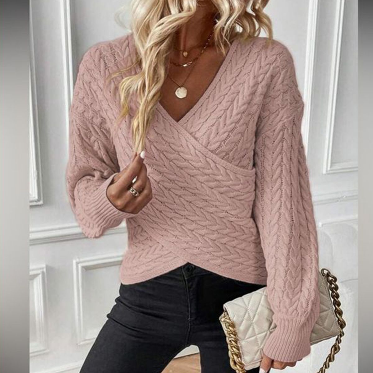 Damen Pullover Rosa V-Ausschnitt Stilvoll - Norvielle