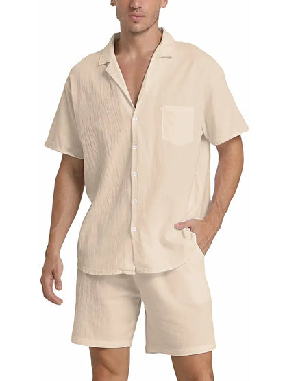 Herren Kurzarm-Hemd Shorts Set Baumwolle Sommerweiß