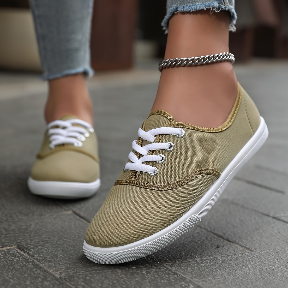 Norvielle Damen Canvas Schnürschuhe Bequem Niedrig Weiß