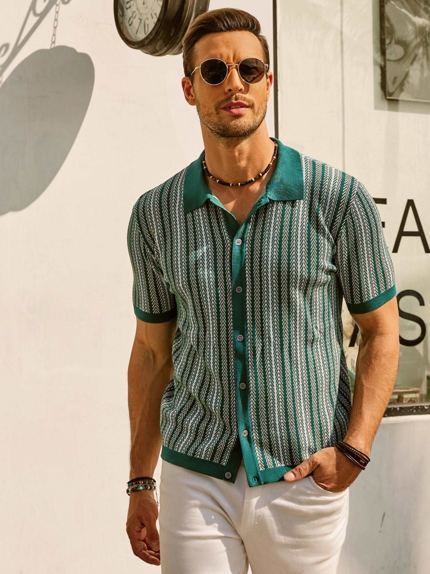 Retro Herren Hemd Gestreiftes Baumwollhemd 70er Style /Weiß