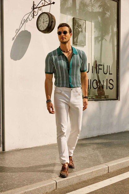 Retro Herren Hemd Gestreiftes Baumwollhemd 70er Style /Weiß