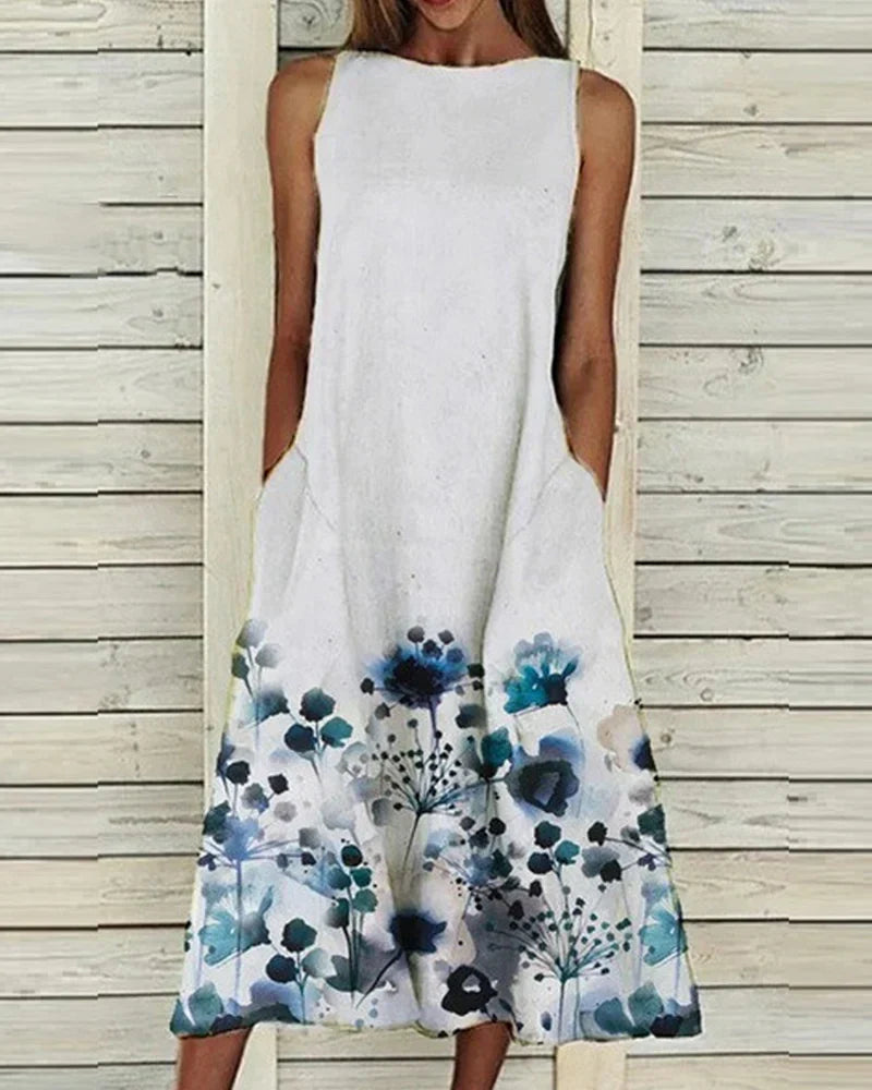 Damen Ärmelloses Blumen Midi Kleid Rundhals - Norvielle
