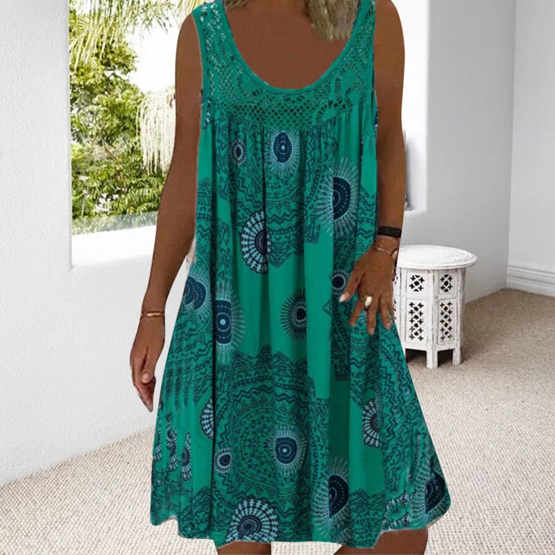 Damen Ärmelloses O-Ausschnitt Kleid Sommer Druck dunkelblau