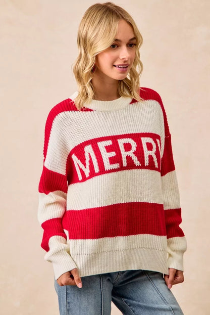 Weihnachtspullover Rot Cremefarben Gestreift Strick wird