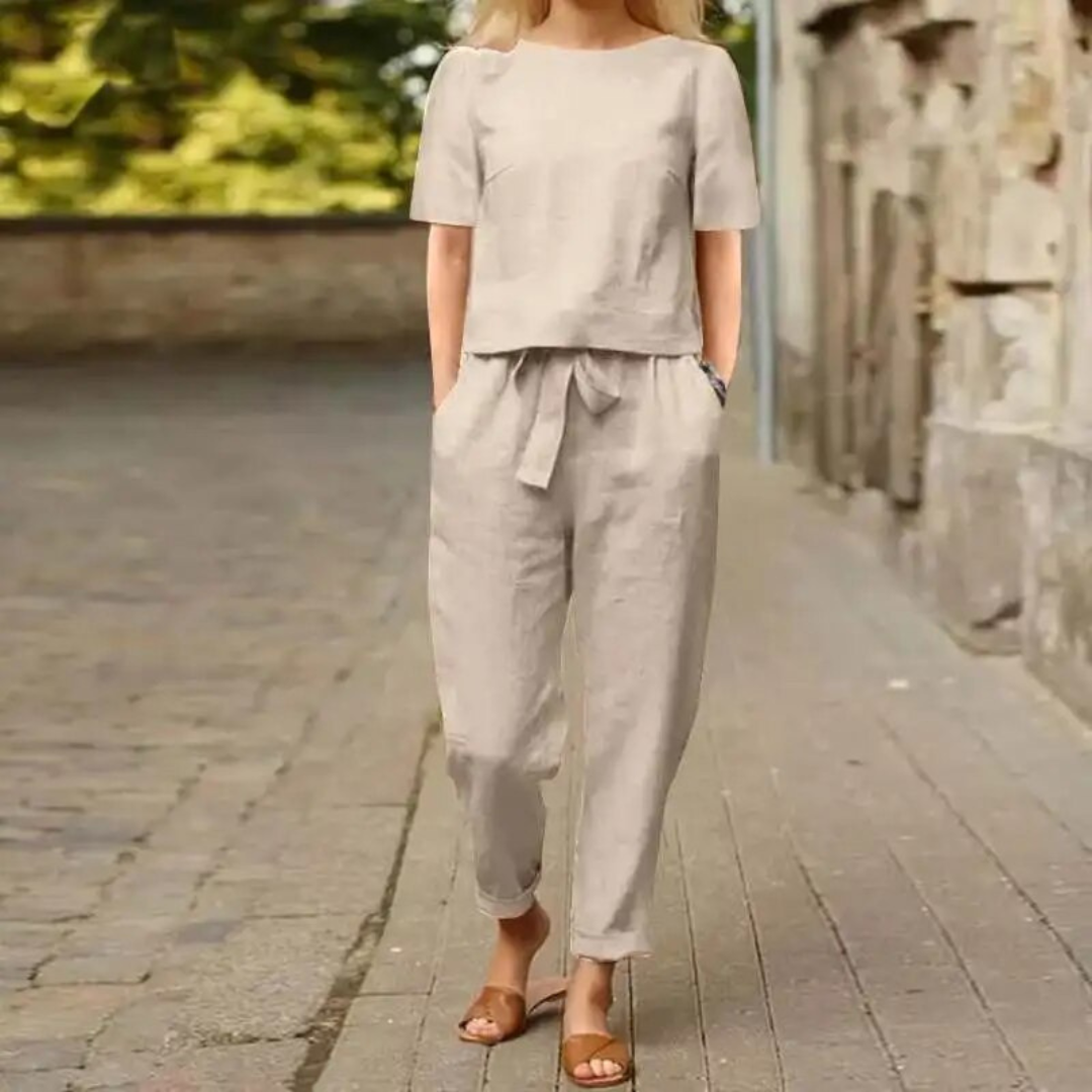 Damen Leinenset Zweiteilig Luftig Elegant Weiß - Norvielle