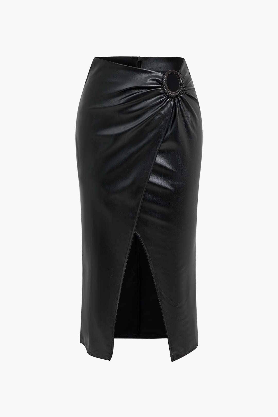 Damen Midirock Kunstleder Wickeloptik Schwarz - Norvielle