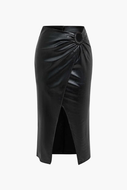 Damen Midirock Kunstleder Wickeloptik Schwarz - Norvielle
