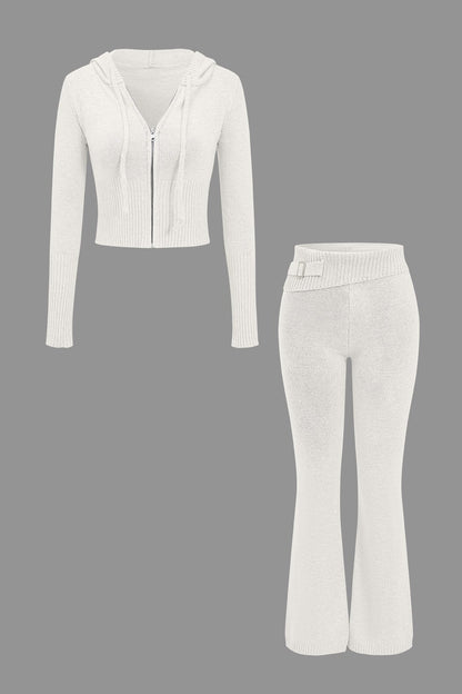 Damen Strick-Set Kapuzenjacke Schlaghose