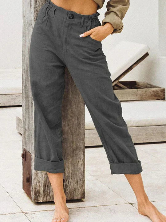 Damen High-Waist Leinenhose Mit Aufschlag Beige