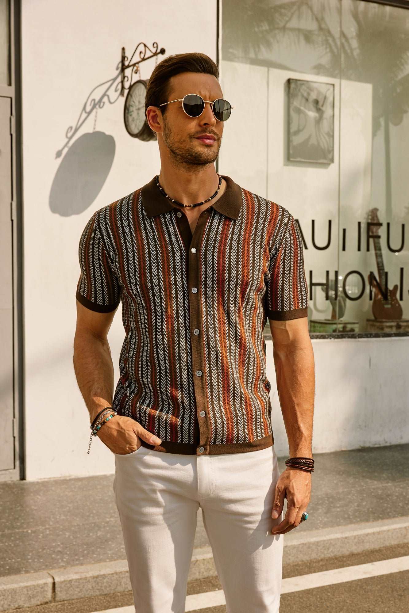 Retro Herren Hemd Gestreiftes Baumwollhemd 70er Style /Weiß