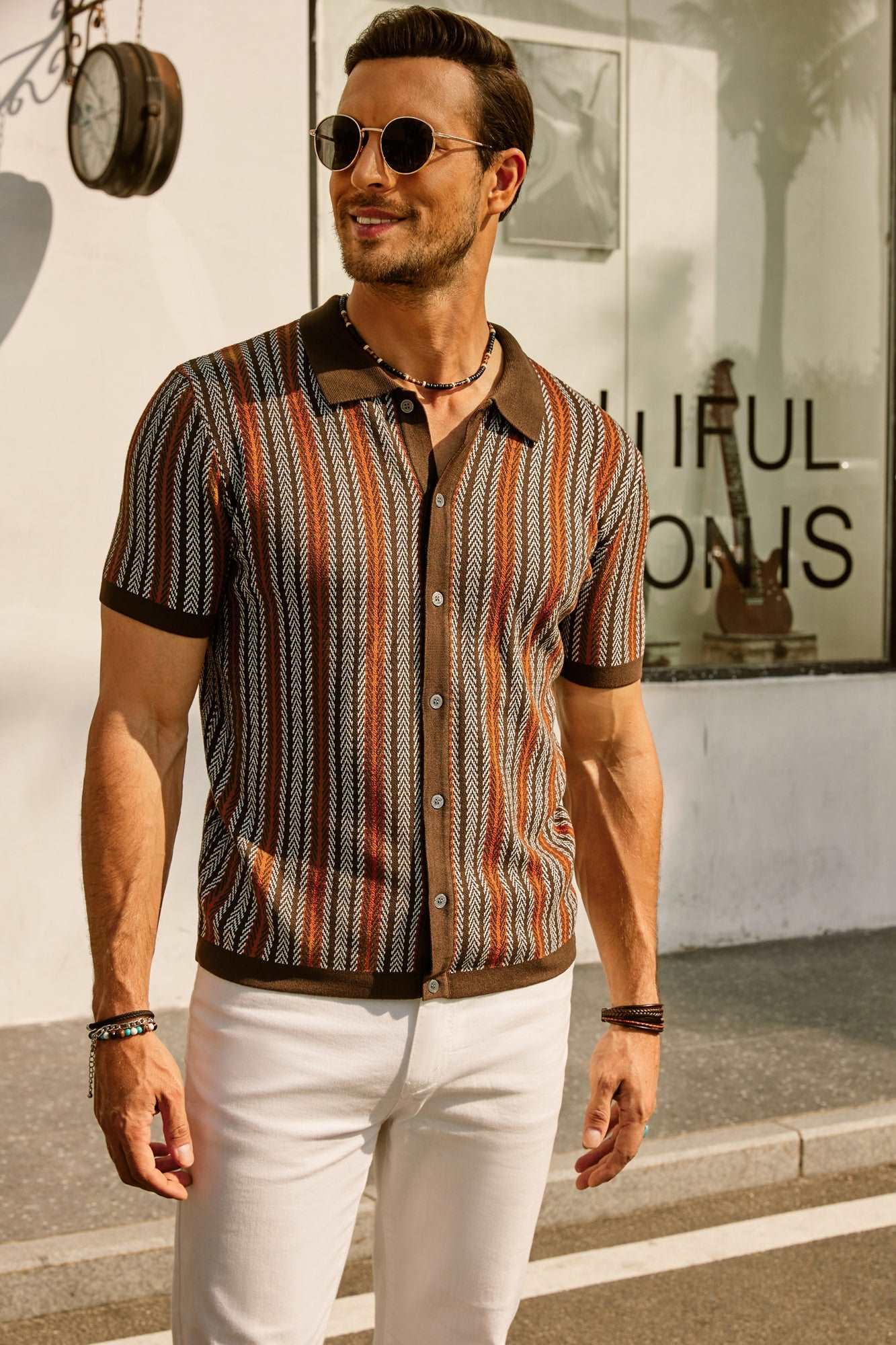 Retro Herren Hemd Gestreiftes Baumwollhemd 70er Style /Weiß
