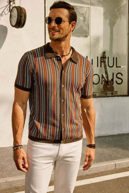 Retro Herren Hemd Gestreiftes Baumwollhemd 70er Style /Weiß
