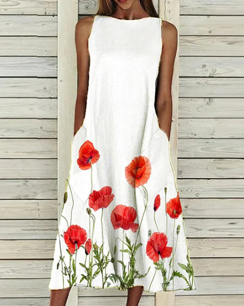 Damen Ärmelloses Blumen Midi Kleid Rundhals