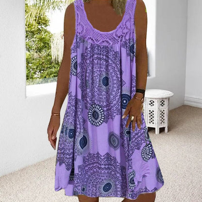 Damen Ärmelloses O-Ausschnitt Kleid Sommer Druck dunkelblau