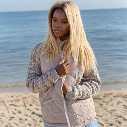 Damen Steppjacke Stehkragen Reißverschluss Beige