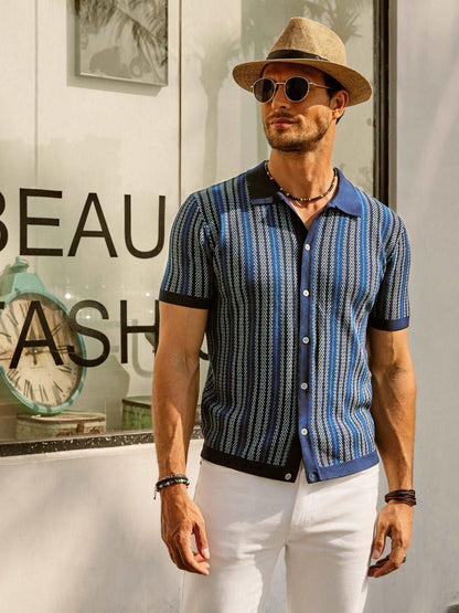 Retro Herren Hemd Gestreiftes Baumwollhemd 70er Style /Weiß