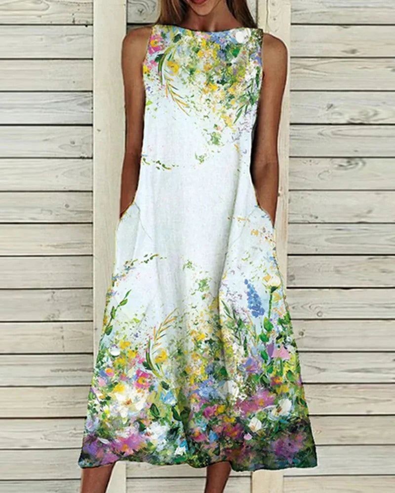 Damen Ärmelloses Blumen Midi Kleid Rundhals