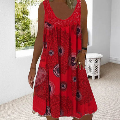 Damen Ärmelloses O-Ausschnitt Kleid Sommer Druck dunkelblau