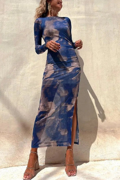 Damen Langarm Midi Kleid aus Stretch mit Rüsch und Mesh-Überzug, - Norvielle